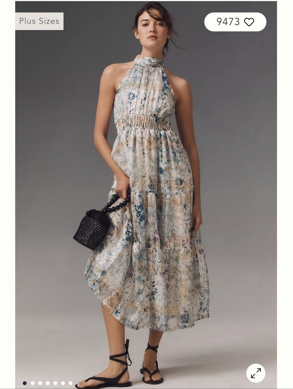 Anthropologie Light Blue Floral Midi Halter Dress